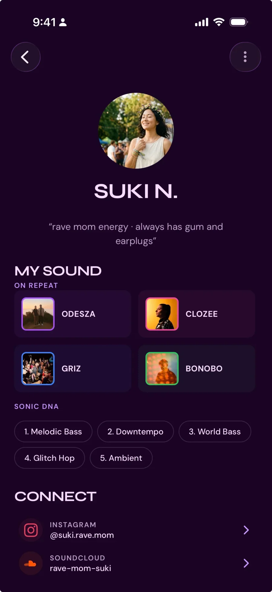 Vibe With Me app screenshot of a user profile showing connect options for Instagram and SoundCloud