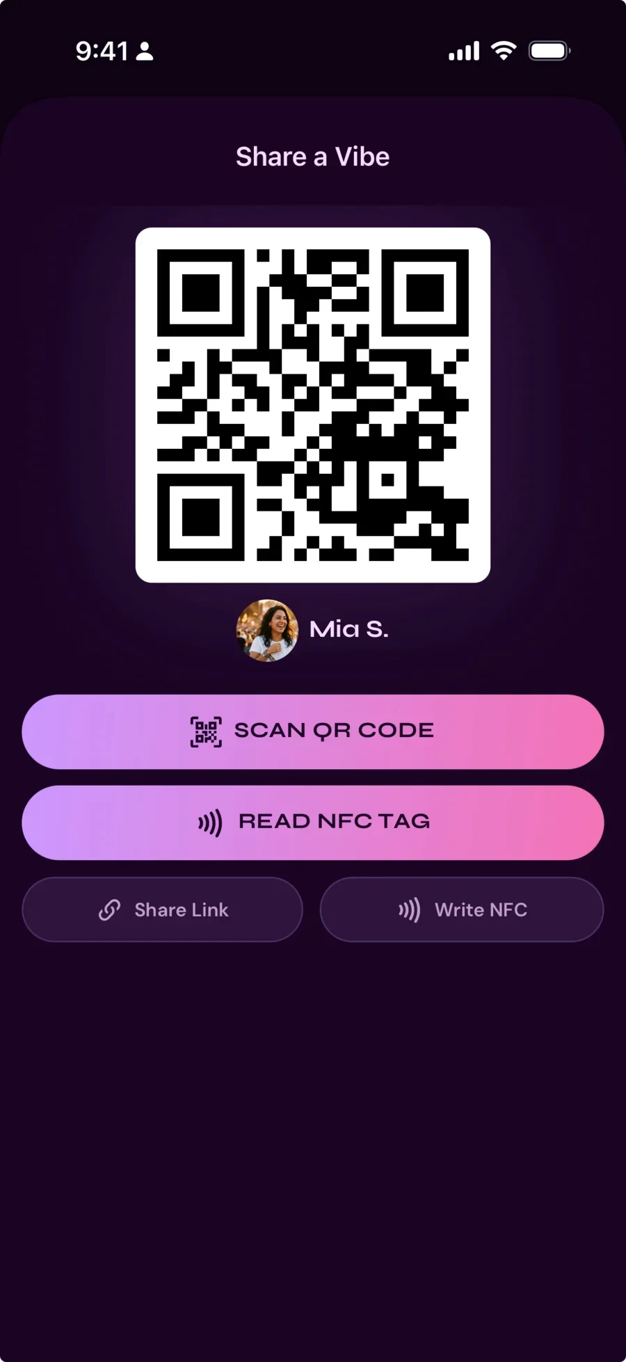 Vibe With Me app screenshot of the Share a Vibe screen showing a QR code and options to scan or read an NFC tag