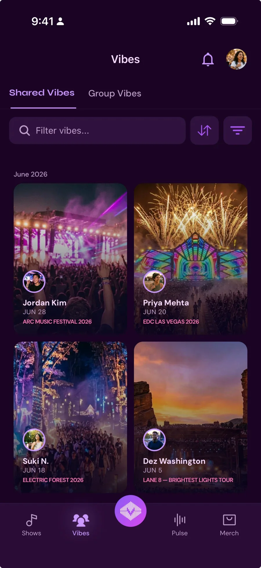 Vibe With Me app screenshot of the Vibes feed showing saved connections from festivals and shows