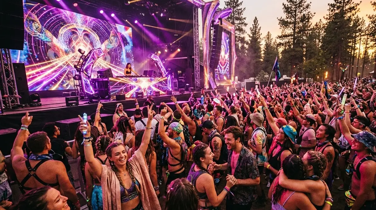 Concert crowd with hands raised at a live music festival