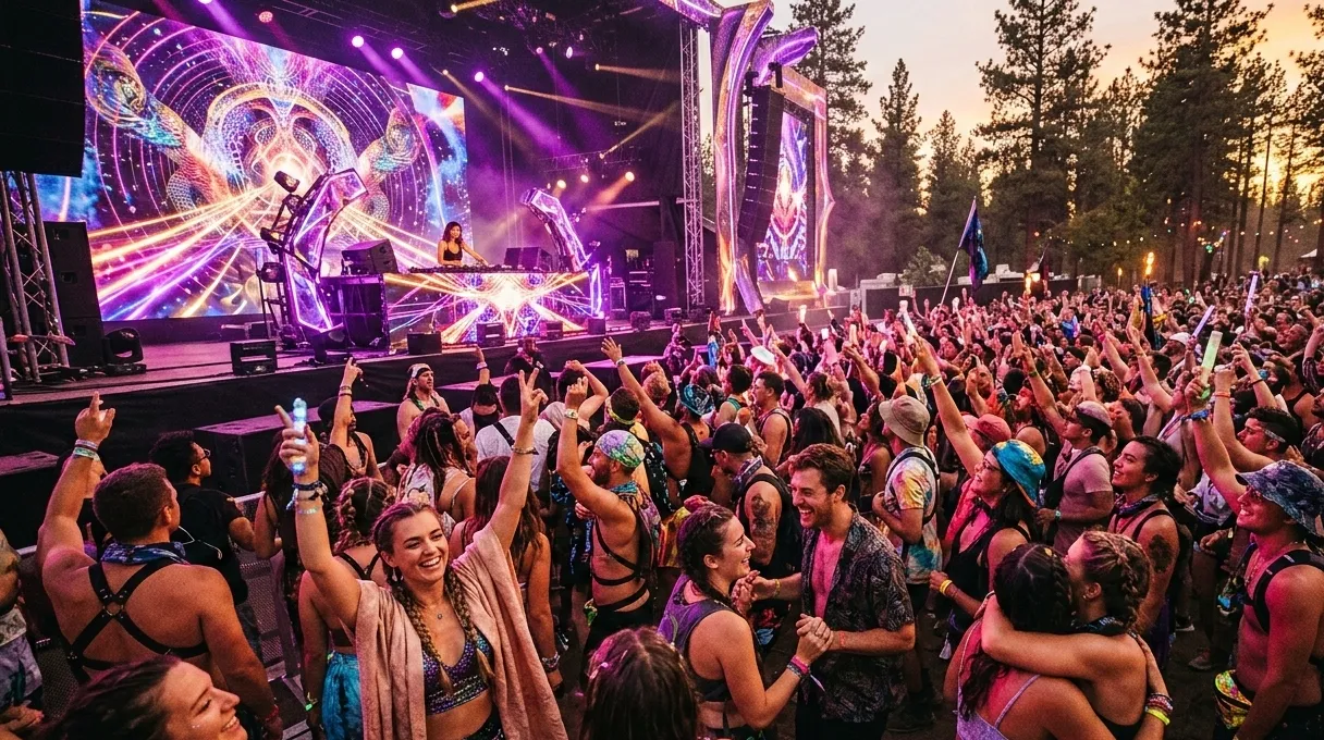 Concert crowd with hands raised at a live music festival
